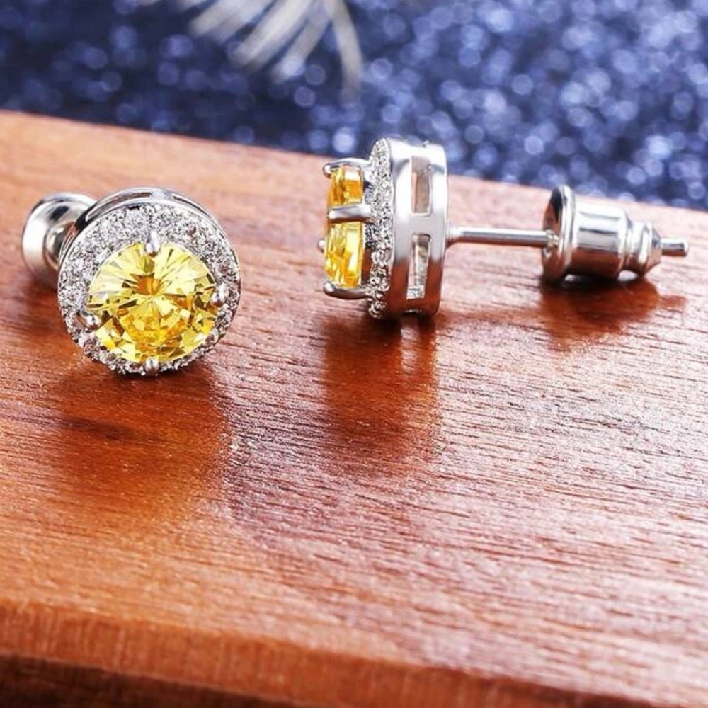 Cubic Zirconia Citrine Yellow, Lab Created Stud Dainty Luxury Glam Earrings - Picture 3 of 9